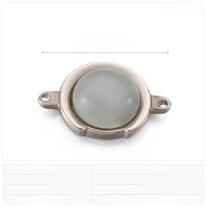 Macro view of round stainless steel pendant with grey cat eye stone inlay and dimensions