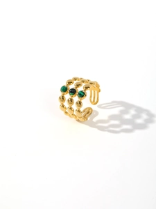 Close-up of 18k gold plated stainless steel ring with three green malachite stones