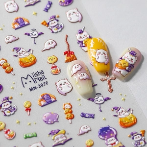 5D Halloween embossed nail stickers with cat, ghost and pumpkin patterns for 3D art
