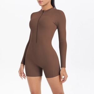 Detail of deep brown seamless sports bodysuit featuring front zipper and high elasticity