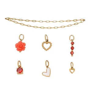 Golden stainless steel jewelry DIY set featuring heart charms and red rose pendant