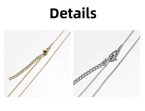 Detail of round snake chain necklace with lobster clasp and adjustable extender in gold and silver