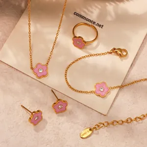 Roze bloem sieradenset voor meisjes van roestvrij staal met ketting armband en ringen