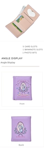 Detailed view of purple tri-fold wallet with bunny motif, card slots and heart photo holder