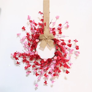 45cm Valentine's heart wreath with red and pink flowers and rustic burlap bow for home decor