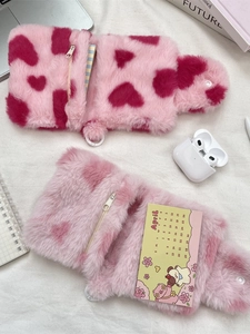 Cute pink plush heart organizer pouch with zipper for earbuds and small accessories