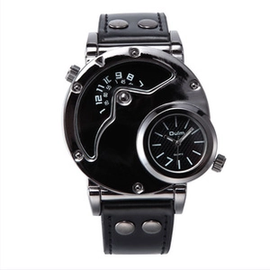 Detail shot of Oulm dual time zone square watch with silver case and black leather strap