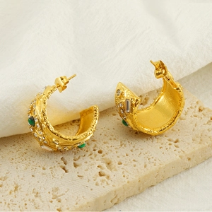 Gold plated malachite eye earrings with zircon accents and hammered metal texture