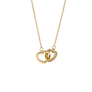 Elegant 18K gold plated double interlocking heart necklace with crystals on white background