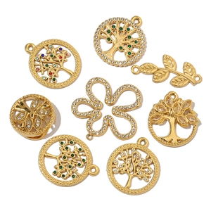 Golden titanium steel tree of life and flower pendants with colorful zircons