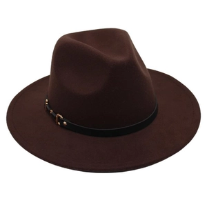 Macro detail of dark brown felt fedora hat with black leather strap and gold buckle