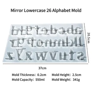 Silicone alphabet mold showing dimensions of 26 lowercase letters for DIY resin crafts