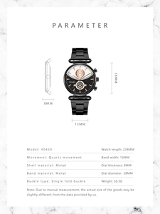 Technical specifications of the YOLAKO bicolor quartz watch with metal band dimensions