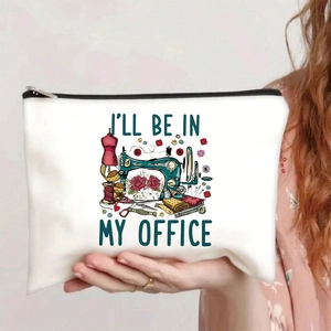 Canvas makeup bag with sewing theme illustration and I'll Be In My Office text