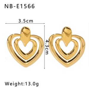 Detail view of gold heart drop earrings showing dimensions 3.5cm by 4.3cm and weight 13g