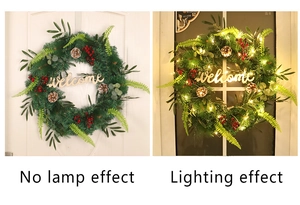 Detailed comparison of 55cm Christmas wreath with pine cones and welcome sign, with LED light on/off