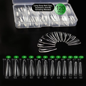 Detailed size chart for 120pcs long water drop clear nail tips with measurements