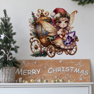 Vue détaillée des stickers muraux de Noël fée et carrosse citrouille sur un mur blanc décoré