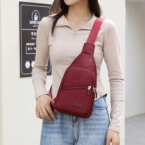 Burgundy oxford cloth crossbody chest bag for women with adjustable strap and logo