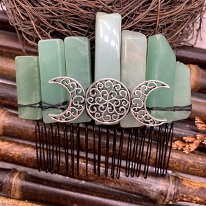 Handmade green aventurine crystal hair comb with silver triple goddess moon ornament