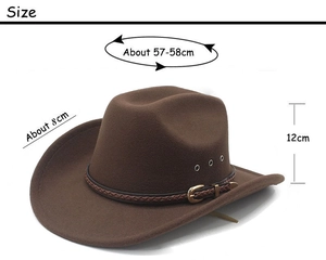 Detailed size chart for dark brown felt cowboy hat with 8cm brim and buckle detail