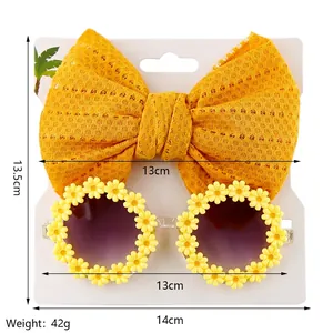 Kids daisy flower sunglasses and yellow bow headband set for stylish sun protection