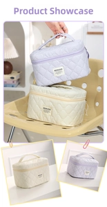 Detail view of quilted toiletry bags with top handle and golden zipper closure