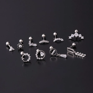 11-piece 16G stainless steel stud set with clear zircon and screw ball back design