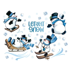 Winter snowman wall stickers featuring skiing and skating scenes for Christmas decor