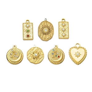 Golden stainless steel jewelry charms set featuring star, moon, and sunburst engravings