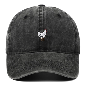 Washed dark grey denim baseball cap with white rooster embroidery and vintage distressed finish