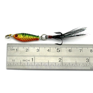 Micro bionic lure detail with feather hook and ruler showing 3.5cm length measurement