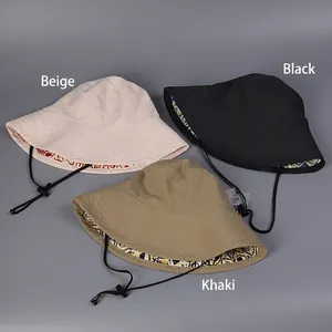 Waterproof nylon bucket hats for women in beige black and khaki with drawstrings