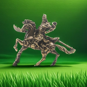 Vintage brass Guan Yu statue on horse holding a blade for office desk decoration