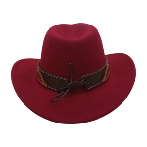 Detail of burgundy wool felt cowboy hat featuring a brown leather decorative band