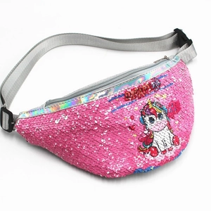 Pink sequin unicorn waist bag for girls featuring dreams pattern and adjustable strap