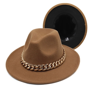 Detail of two-tone brown fedora hat with gold acrylic chain and 100% polyester label