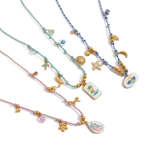 Bohemian Braided Rope Necklace With Stainless Steel Colorful Enamel Charms Starfish Sun Moon Beach Vacation Jewelry Women