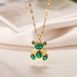 Bear Pendant Necklace Copper 18K Gold Plated With Colorful Zircon Inlay Cartoon Teddy Bear Jewelry For Women Daily Wear