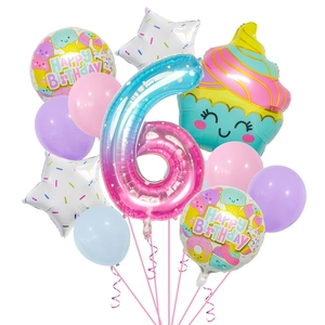 Ice cream dessert theme birthday decor set featuring gradient number 6 foil balloon