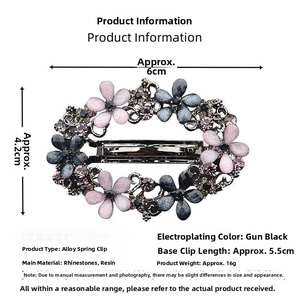Detailed dimensions of hollow alloy spring hair clip with resin flowers and rhinestones