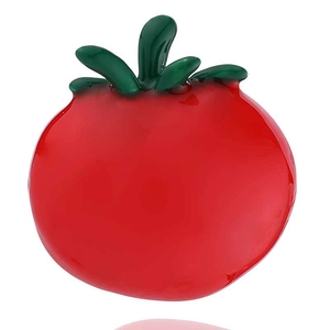 Creative red tomato enamel brooch pin with glossy finish and green leaf detail for women