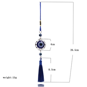 Blue Turkish Evil Eye car hanging ornament with woven rope and fringe tassels 26.5cm