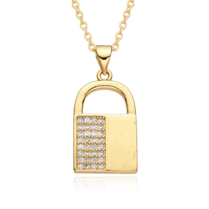Detail of a golden lock pendant necklace with pavé-set white cubic zirconia stones