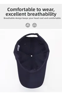Detail view of navy blue cotton baseball cap interior showing breathable holes and adjustable strap