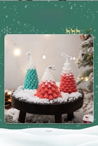 Macro detail of Christmas tree scented candles with textured scales and festive gift tags