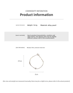 Detailed spec view of a minimalist silver pearl choker with 39cm length and 8cm extension