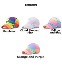Detail showing four colorful rainbow striped baseball caps in various vibrant color palettes