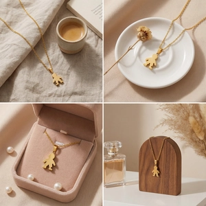 Detail of minimalist gold boy silhouette pendant necklace on elegant jewelry display