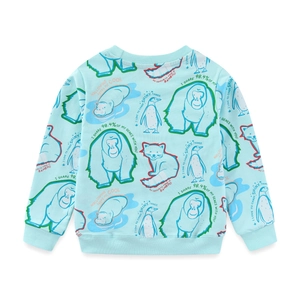 Cute light blue boy's sweatshirt with all-over cartoon animal world pattern print